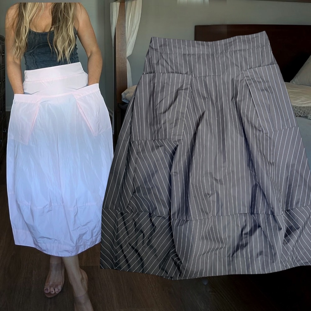 Sun Kim Pinstripe Balloon Midi Skirt Charcoal Gray 1X